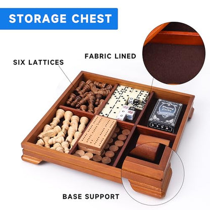 GSE Games & Sports Expert Wooden 7-in-1 Chess, Checkers, Backgammon, Dominoes, Cribbage Board, Playing Card & Poker Dice Game Combo Set (Deluxe)