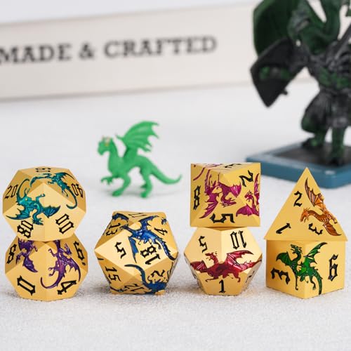 Sharp Edge Metallic DND Dragon Dice Set,Metal Polyhedral Dice with Dragon for Dungeons and Dragons RPG TTRPG D&D 7-Die Set with Gift Case Pearl Gold Seven Colors - color: Dragon-pearl Gold Seven Colors