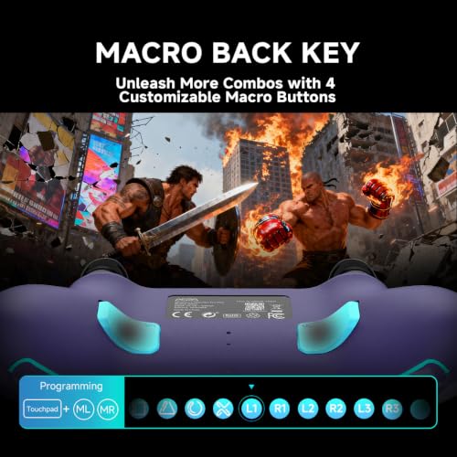 ASRVA Purple Wireless Pro Controller for PS5, Hall Effect Joystick No Drift, 2 Back Paddles, Macro, Gyro, 1000mAh, RGB, Compatible with PS5/Pro/Slim/PC/iOS/Android - color: Purole