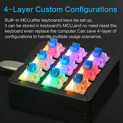 Koolertron One Handed Macro Mechanical Keyboard, RGB LED Backlit Portable Mini One-Handed Mechanical Gaming Keypad OSU! Keyboard 9 Fully Programmable Keys Blue Switches - color: Black/Blue Switches