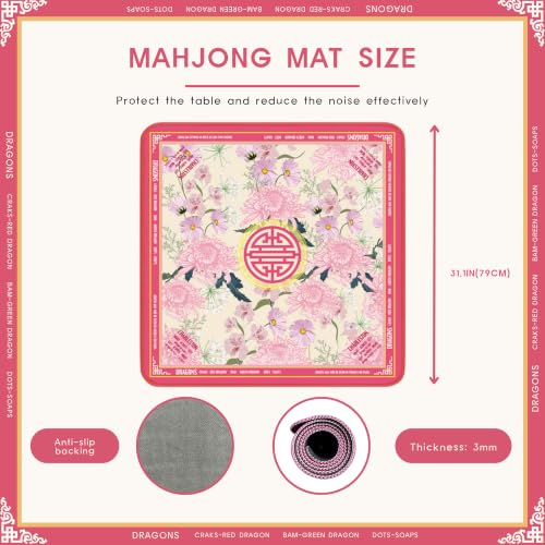 Pink Floral Mahjong Mat for Table with Rules, No Creases, Ships Rolled, 31.1 x 31.1 Non-Slip Noise Reduction Gaming Mat with Carrying Bag for Mahjong Poker Card Board Games - color: Pink