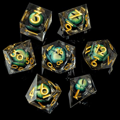 Beholder's Dragon Eye DND Dice Set, 7pcs Liquid Core Dice with Gift Box, Handmade Sharp Edge Resin Dice for Role Playing Dungeons and Dragons Ttrpg(Dark Green Dragon Eye) - color: Dark Green Dragon Eye