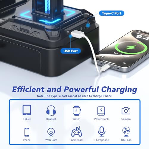 KDD Headphone Stand with USB A&C Charger Ports - RGB Controller Stand with Detachable Hooks - Rotatable Headset Hanger & Device Slot for Phones/Tablets - Drawer Storage Base for Gaming Desk Organizer