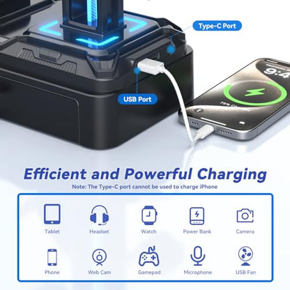 KDD Headphone Stand with USB A&C Charger Ports - RGB Controller Stand with Detachable Hooks - Rotatable Headset Hanger & Device Slot for Phones/Tablets - Drawer Storage Base for Gaming Desk Organizer