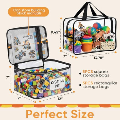 Clear Toy Storage Bags, 10-Pack PVC Organizer Bags with Labels | Reusable PVC bags with zipper, label and manual pockets for blocks, board games, puzzles, books, classrooms and travel