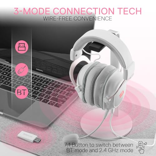 Redragon H510 PRO 3-Mode RGB Gaming Headset - 7.1 Surround Sound - 53MM Audio Drivers in Memory Foam Ear Pads w/Durable Fabric Cover- Multi Platforms Headphone - USB Powered for PC/PS4/NS - color: White Wireless H510 PRO