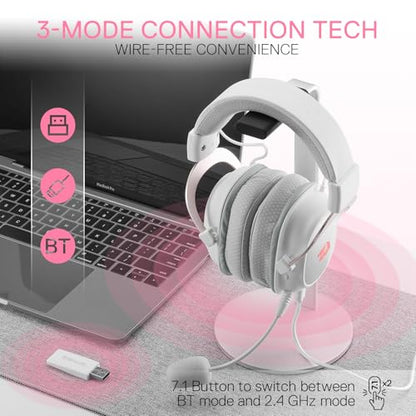 Redragon H510 PRO 3-Mode RGB Gaming Headset - 7.1 Surround Sound - 53MM Audio Drivers in Memory Foam Ear Pads w/Durable Fabric Cover- Multi Platforms Headphone - USB Powered for PC/PS4/NS - color: White Wireless H510 PRO
