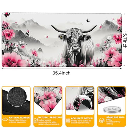 Large Mouse Pad Highland Cow Blossom Floral Waterproof Extra Large Mousepad with Stitched Edges Non-Slip Rubber Base Computer Protector Desk Pad for School Office Home 35.4"X 15.7" - color: Red Maple Trees