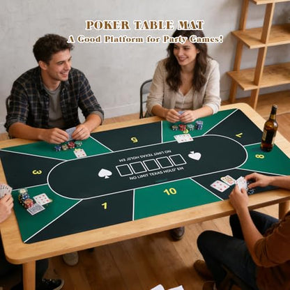 Poker Table Top Mat 70"x35" Blackjack Poker Mat with Non Slip Rubber Backing and Carry Bag for Home Poker Card Game Night Up to 10 Players (Green) - color: Green