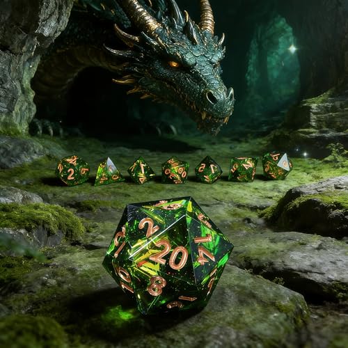 DND Resin Sharp Edge Polyhedral Dice Set,for Dungeons and Dragons RPG MTG Table Games,7 Pcs Handmade Gemstone Dice Set - color: Verdant Gild