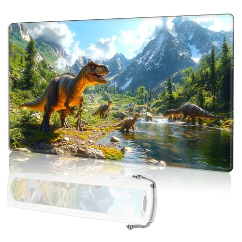 for MTG Playmat TCG Card Game Mat with Stitched Edges,Board Game Mats Non-Slip Waterproof Rubber Base 24 x 14 inch for CCG RPG DTCG Trading Card,Dinosaur Landscape River - color: Dinosaur Landscape River