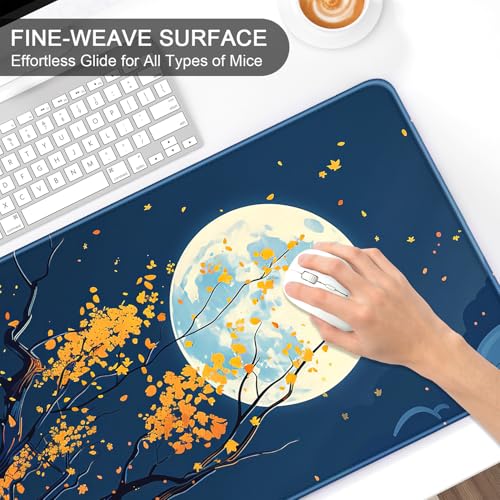Auhoahsil Large Gaming Mouse Pad, Nature Theme XXL 35.4 x 15.7 in Desk Pad Stitched Non-Slip Rubber Long Computer Mousepad Thin Extended Full Size Desk Mat for Desktop Laptop Wireless Mice, Maple - color: 29 Maple Moon, size: 35.5L x 15.7W inches