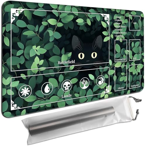 MTG Playmat with Zones 27.6x15.7 Inch – Trading Card Game Mat for Magic The Gathering,Commander Playmat with Storage Bags,TCG Card Battle Mat,Black Cat Green Leaves - color: Black Cat Green Leaves, size: 27.6x15.7 in