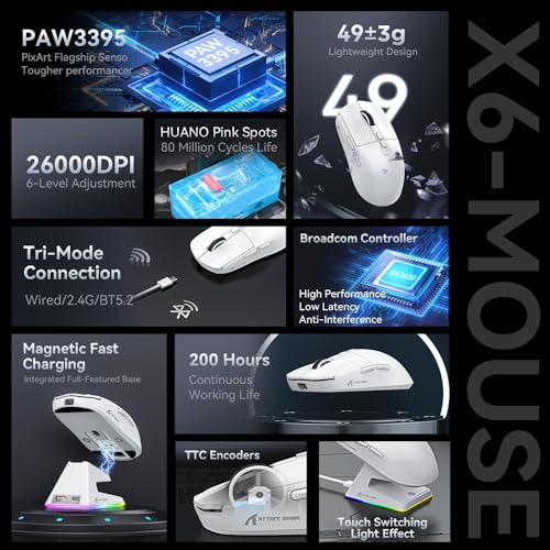 MAMBASNAKE Attack Shark X6 Wireless Gaming Mouse,RGB Magnetic Charging Dock,X3 Upgrade, 49g Ultralight 2.4GHz/BT5.2/USB-C Tri-Mode,PAW3395 Sensor 26KDPI,G502 Programmable Mice for Win/Mac - White - color: White