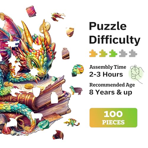 Jigfoxy Wooden Puzzles for Adults, Jeweled Dragon Wood Puzzle for Adults, Unique Animal-Shaped Wooden Jigsaw Puzzle, Christmas Thanksgiving Gifts for Family and Friends (S-8.5 * 8in-100pcs) - size: Small