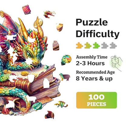 Jigfoxy Wooden Puzzles for Adults, Jeweled Dragon Wood Puzzle for Adults, Unique Animal-Shaped Wooden Jigsaw Puzzle, Christmas Thanksgiving Gifts for Family and Friends (S-8.5 * 8in-100pcs) - size: Small