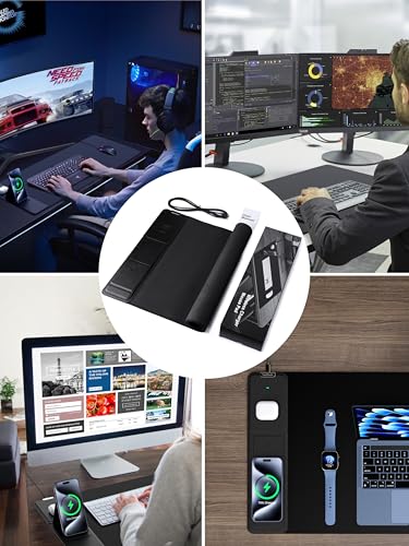 TopMade 4-in-1 Mouse Pad with 15W Wireless Charging, Foldable Phone Holder, 31.5" x 15.75" XXL Large Desk Pad, Gaming Mousepad with Ultra-Smooth Surface, Non-Slip Base, Waterproof Desk Mat, Black - color: Black-Phone Holder-31.5"x15.8"