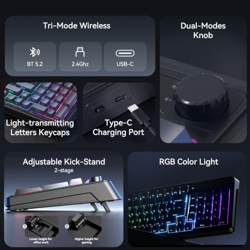 AULA Keyboard Gaming Wireless Creamy Computer Keyboards with Number Pad | Side-printed Light Transmission Letters Keyboard,99 Keys,RGB Backlit,Tri-Mode BT/2.4GHz/USB-C Connection,Gradient Grey - color: Gradient Grey