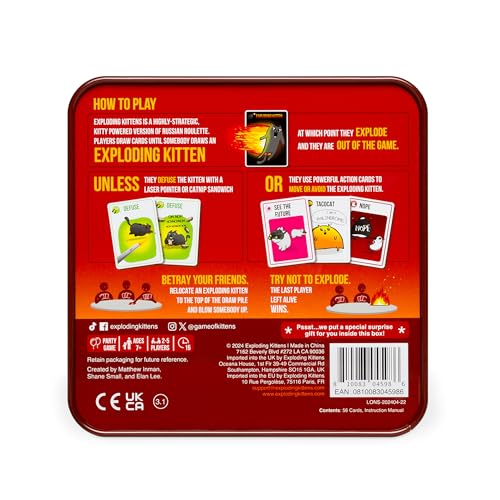 Exploding Kittens Original Edition in Collectible Tin - Fun & Hilarious Card Game for Kids and Adults, Ideal for Party Family Game Night and Party, 56 Cards Included | Draw cards, betray friends, and try not to explode! The quick-to-learn family card game