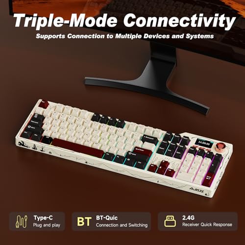 Ajazz AK35I V4 Full Size Wireless Mechanical Keyboard with 1.14" Color Screen & Knob, Tri-Mode Gasket Hot Swappable Gaming Keyboard, 10000mAh Battery, RGB, Black Red - color: Black Red
