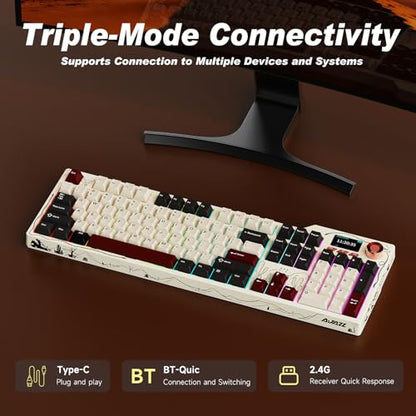 Ajazz AK35I V4 Full Size Wireless Mechanical Keyboard with 1.14" Color Screen & Knob, Tri-Mode Gasket Hot Swappable Gaming Keyboard, 10000mAh Battery, RGB, Black Red - color: Black Red