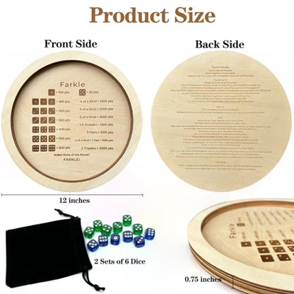 Farkle Dice Tray, Farkle Dice Game with Tray and 2 Sets of 6 Dice, 12" Wooden Dice Tray for The Classic Family Game