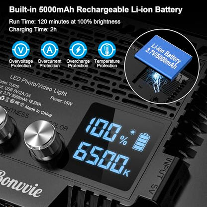 15W Rechargeable LED Video Light Kit, 9” Camera Light with 5000mAh Li-ion Battery, 3000-6500K CRI 97+ Bi-Color Soft Photo Lighting for Studio & Outdoor Photography Vlog Zoom Calls Live Stream