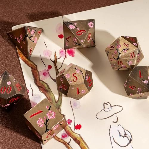 UDIXI Metal DND Dice Set Bronze, 7PCS Metal Polyhedral Dice Set for D&D RPG | Pink Flower, Metal Case Packaging, Heavy Metal Dice, D&D Gift, for Dungeons and Dragons Role Playing Games Tabletop Games - color: Flower/Bronzered