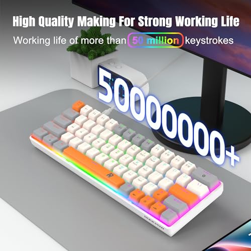 60% Mechanical Gaming Keyboard 60 Percent,LED Backlit Compact 63 Keys Mini Wired Keyboard for PC,Windows XP,Win 7/10,Vista,Me,Typist,Travel,(Grey-White-Orange, Blue Switches)