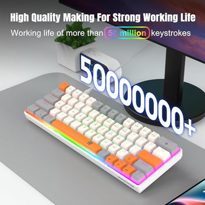 60% Mechanical Gaming Keyboard 60 Percent,LED Backlit Compact 63 Keys Mini Wired Keyboard for PC,Windows XP,Win 7/10,Vista,Me,Typist,Travel,(Grey-White-Orange, Blue Switches)