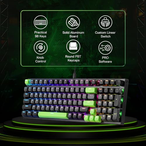 Redragon K740 Wired RGB Gaming Keyboard, Aluminum Base & Knob, 95% Layout | Rock-Solid Metal Build, Multi-Function Control Wheel, Creamy Custom Switch, Swap-Ready Socket, Fade-Resistant PBT Keycap - color: Green Blaze, size: 98 Keys