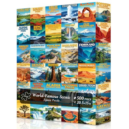 National Parks Puzzle for Adults 500 Pieces, World-Famous Scenic Lands Capes Jigsaw Puzzle 500 Pieces, Challenging Game Home Decor Party Gift Toy for Adults Seniors, 20.5×15 in - style: National Parks