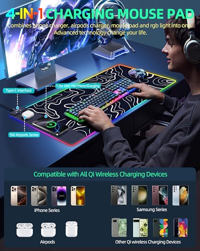 Wireless Charging Mouse Pad, RGB Gaming Mousepad, 31.5"x15.7" in | Extra Large Desk Mat, 13 Light Modes, Non-Slip Rubber Base, Waterproof Computer Keyboard Mat, Black Topographic Line - color: Black Topographic