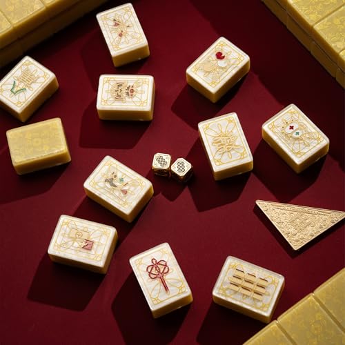 Premium Mahjong Set in Elegant Gift Box with Large Acrylic Tiles | Chinese Mahjong Game Set for Adults, Easy-to-Handle Tiles, Luxury Tabletop Set for Gifting, Family Gatherings & Collection - color: Gold