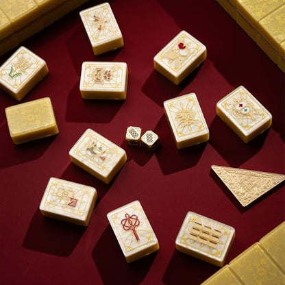 Premium Mahjong Set in Elegant Gift Box with Large Acrylic Tiles | Chinese Mahjong Game Set for Adults, Easy-to-Handle Tiles, Luxury Tabletop Set for Gifting, Family Gatherings & Collection - color: Gold