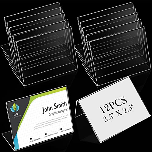 Teling 12 Pcs 3.5 x 2.5 Inch Acrylic Business Card Holder Slant Back Sign Holders Clear Name Display Mini Acrylic Stands l Shaped Display Stand for Classroom Home Office Decorating Supplies