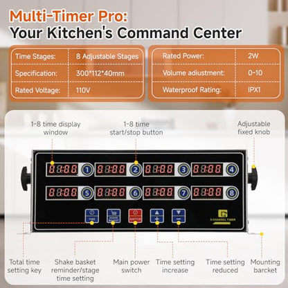 Commercial Kitchen Timer for Cooking, 8 Channel Timer Restaurant Kitchen Supplies, Heavy-Duty Timer - Stainless Steel | Digital LED Technology | Reminder Function | Loud Alarm - size: 8 channel