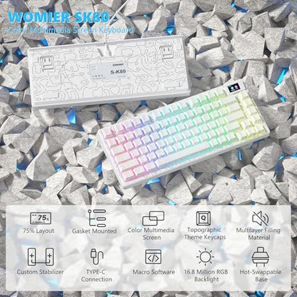 Womier SK80 75% Percent Keyboard Gaming with Color Multimedia Display | Mechanical Keyboard Topographic, Hot Swappable Gasket Mount RGB Creamy Key board Pre-lubed POM Switch for Mac/Win,White - color: White Topographic
