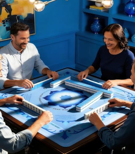 Neoprene Mahjong Mat with Rules, 33 x 33 in, Non-Slip, Blue | Noise-reducing table mat with carrying bag and 3 dice; for cards, poker, board games, tile games and dominoes - color: 33" Blue, size: 33"