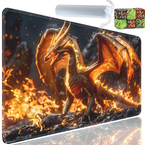 Playmat for MTG, 24x14 Inches Playmats, for TCG and CCG Trading Card Game Mat, Non-Slip Rubber for MTG Playmats with A Storage Bag and 6 Dice Set, Flaming Dragon Pattern - color: Yu-Playmat-1-D119