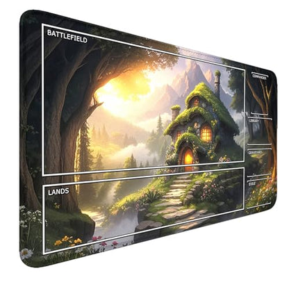 MTG Playmat- Stitched Edges Forest TCG Playmat-Non-Slip Landscape Play Mat Smooth Surface Rubber Base Board Game Mousepad 24x14 inches for Trading Card Game Playing with Storage Bags - color: Tree House Playmat With Zones