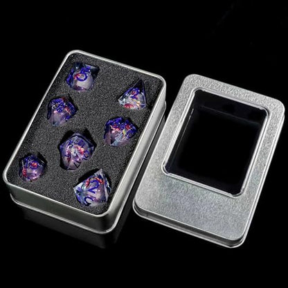 Dragon Pattern Polyhedral Dice Set, 7-Piece Clear Resin with Blue Numbers, D20 D12 D10 D8 D6 D4 D%, Fantasy Theme for Dungeons D and D RPGs, MTG, Pathfinder and Board Games - color: Resin Dragon-deep Blue