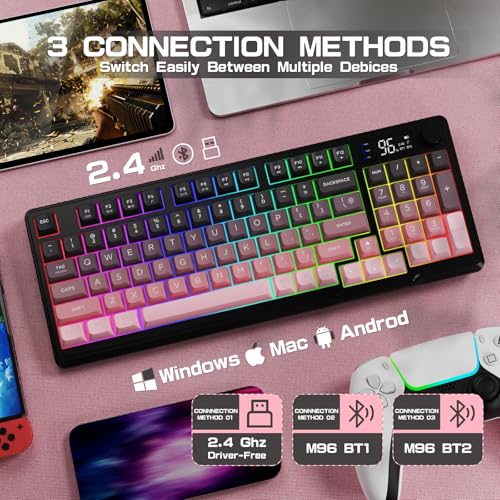 LexonElec M96 Wireless Keyboard, Low Profile Quiet Typing Membrane Gaming Keyboard with Smart Display & Knob, RGB Backlit, USB C Rechargeable, 94 Keys PBT Keycap for Windows PC, Mac, Linux-BlackBerry - color: Blackberry