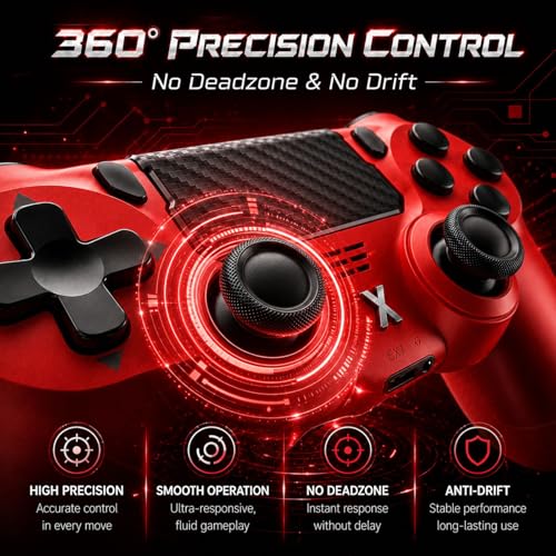 BJXOZ Wireless Controller for PS4 Controller, Gamepad with Dual Vibration | 1000mAh, Six-axis Gyroscope Sensor, USB-C Port, Speaker, 3.5mm Headphone Jack, Touchpad, Compatible with PS4/Slim/Pro/PC - color: Red