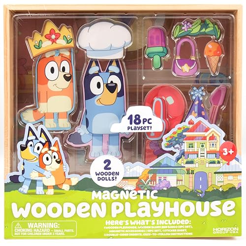 Horizon Group USA Bluey Magnetic Wooden Playhouse, 18 Piece Activity Set, Includes 2 Wooden Dolls House, Great Toys for Kids, Fun Birthday Party Activity, House Playset - color: Bluey House Playset