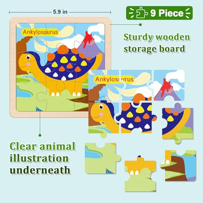 Wooden Puzzles for Toddlers 3+, 9 Pieces Dinosaur Jigsaw Puzzles for Kids Ages 3-5, Preschool Learning Activities, Learning & Educational Toys, Gifts for Boys, Girls - color: Dinosaurs1