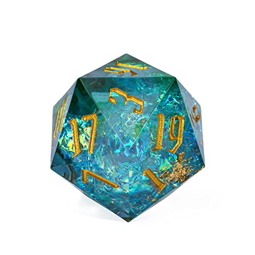 Cusdie Single D20 DND Dice with Sharp Edges and Glitter Foil Inclusions, 20 Sided D&D Dice, 33mm Handcrafted Polyhedral Dice, for Role Playing Game (Aqua) - color: Aqua Blue
