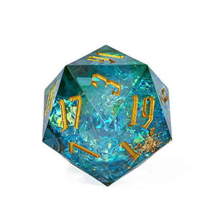Cusdie Single D20 DND Dice with Sharp Edges and Glitter Foil Inclusions, 20 Sided D&D Dice, 33mm Handcrafted Polyhedral Dice, for Role Playing Game (Aqua) - color: Aqua Blue