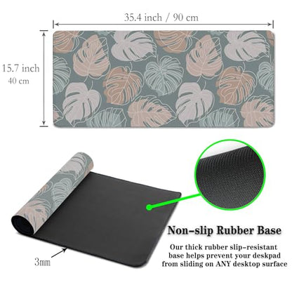 Large Desk Mat Green, Gaming Mouse Pads Office Desk Pad, Keyboard Desk Mat Non-Slip Rubber Base Waterproof with Stitched Edges, 35.4 X 15.7 inch for Work/Game/Office/Home Tropical Monstera - color: Tropical Green Monstera