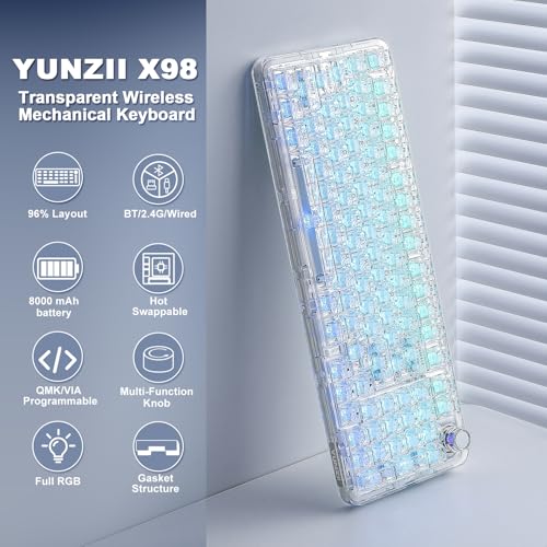 YUNZII X98 Clear Wireless Mechanical Keyboard with Knob (White,Snow Switch) | BT5.0/USB-C/2.4GHz,1800 Layout with Number Pad,Pre-lubed Switches Gasket Mount ,Clear Keyboard with RGB for Wins/Mac/Gaming - color: White, size: Snow Switch